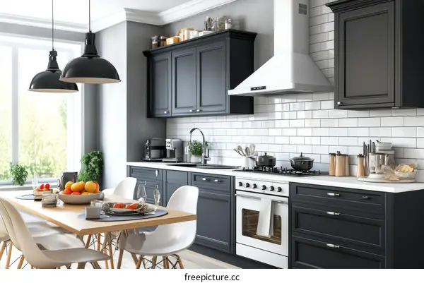 Modern Black and White Kitchen Dining Area