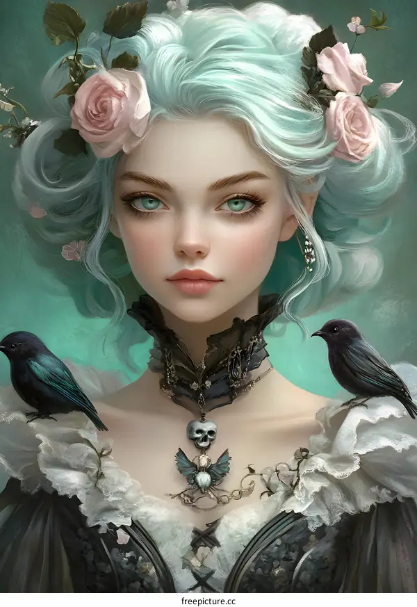 Portrait of a Woman with Blue Hair and Birds