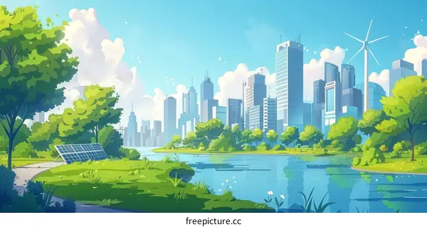 Green City with Solar and Wind Power Illustration