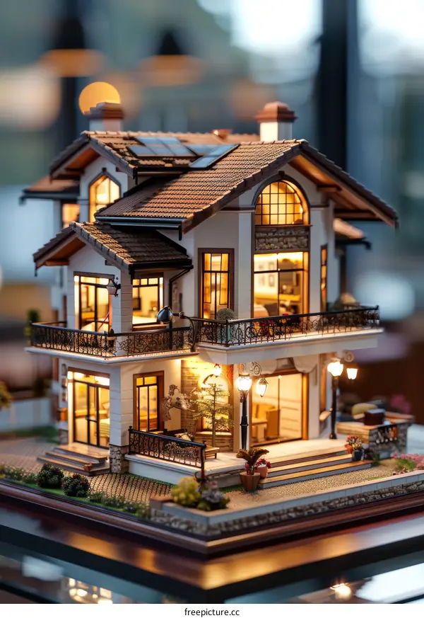 European style dollhouse with warm interior lighting