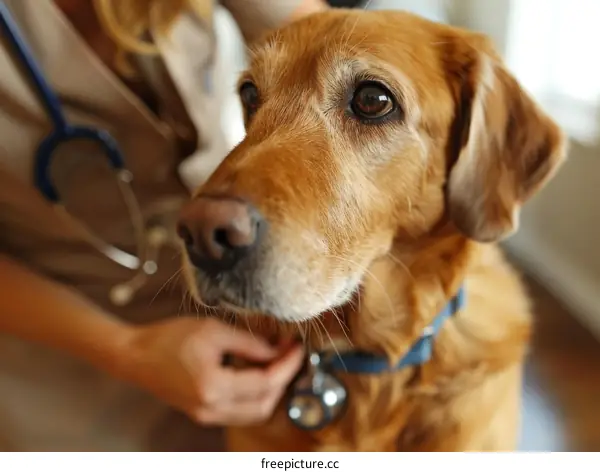 Close-up of a veterinarian examining a golden retriever dog