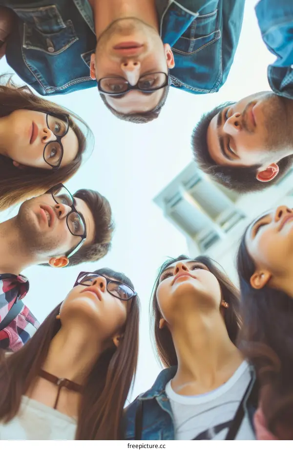 Looking down at a circle of six people looking up