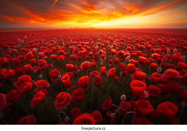 Field of red poppies at sunset