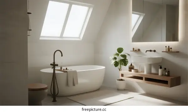 Bright Modern Bathroom with Freestanding Tub and Large Windows
