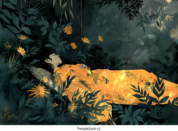 A woman sleeping in a field of flowers