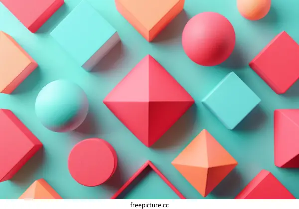 3D geometric shapes of various colors arranged on a blue background