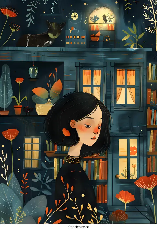 A girl standing in a library with a cat on the shelf above her