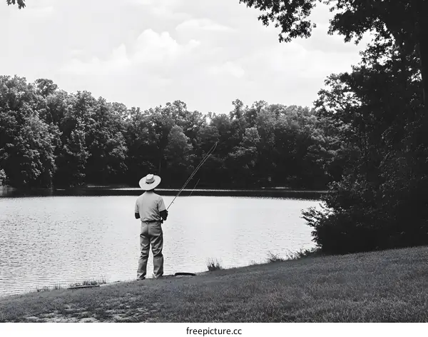 Man Fishing by the Lake on a Sunny Day