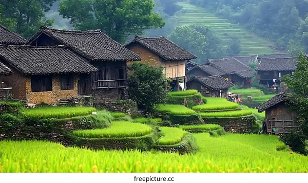 Picturesque Terraced Rice Paddies and Traditional Chinese Homes