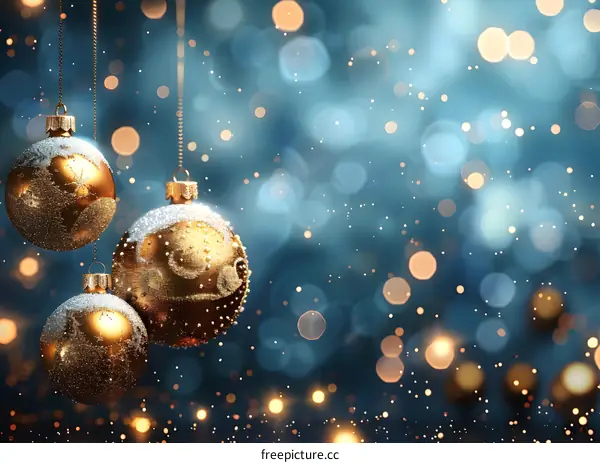 Three golden Christmas balls hanging from chains on a blue background with blurred lights