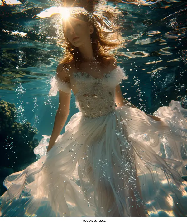 Woman in White Dress Floating Underwater