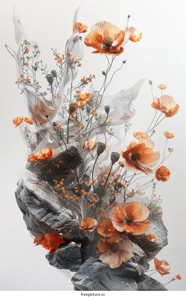 Orange Poppies and Delicate Flowers Adorn a Rock Formation