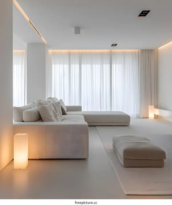 Modern Minimalist White Living Room Interior Design with White Sofa and Floor Lamp