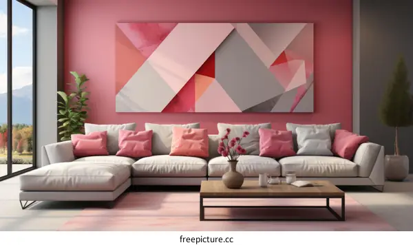 A pink living room with a large painting on the wall