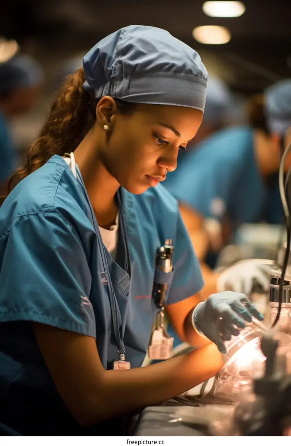 A female surgeon is working on a surgical lamp in an operating room