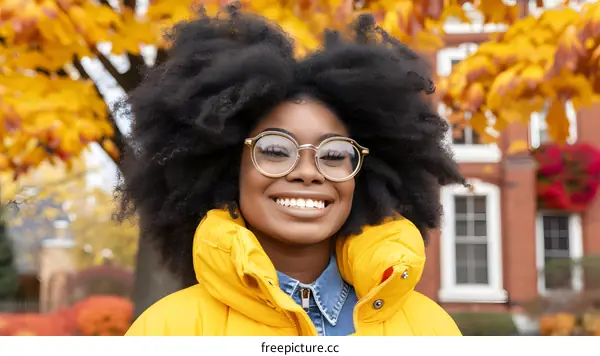 Smiling Woman with Afro Hair and Yellow Jacket in Autumn