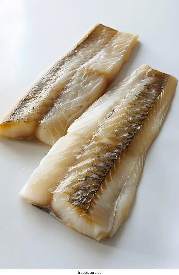 Two pieces of fresh cod fillets on a white background