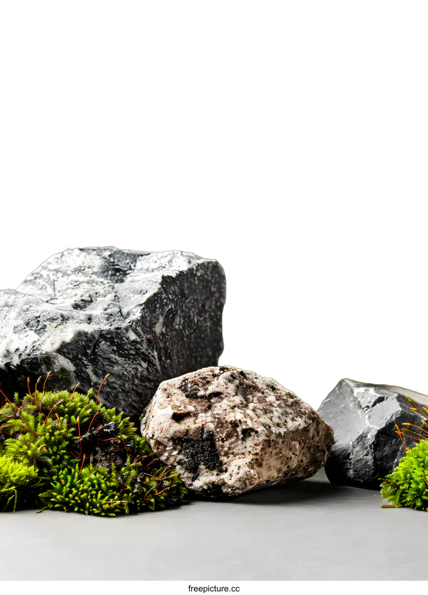 [Transparent Background PNG]Green Ferns and Stones on Gray Background