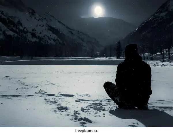 Silhouette of a Person Sitting in the Snow, Looking at the Full Moon