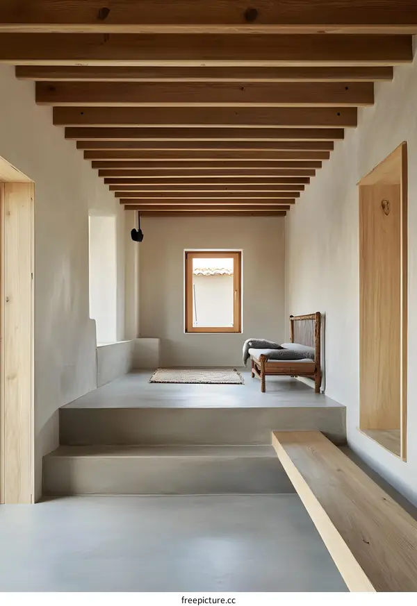 Modern Minimalist Interior Design with Wooden Beams and Concrete Floor