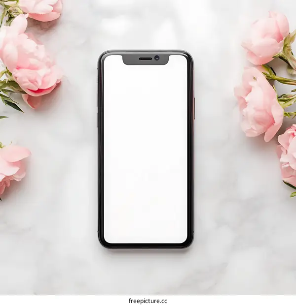 Smartphone with White Screen and Pink Flowers on Marble Background