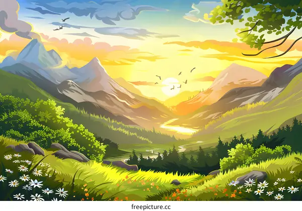 Mountain Valley Landscape Illustration