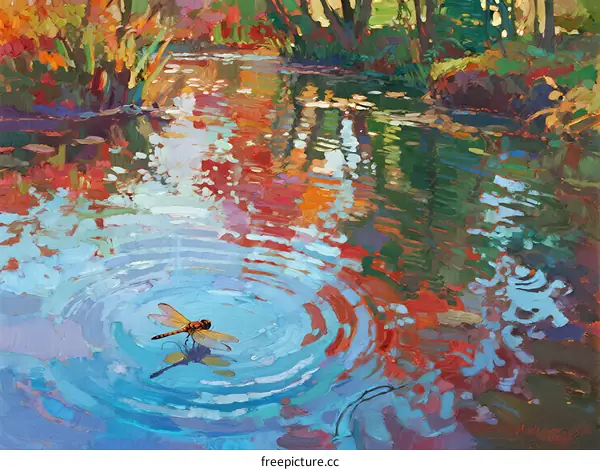 Autumn Leaves Reflecting in Rippling Water with Dragonfly