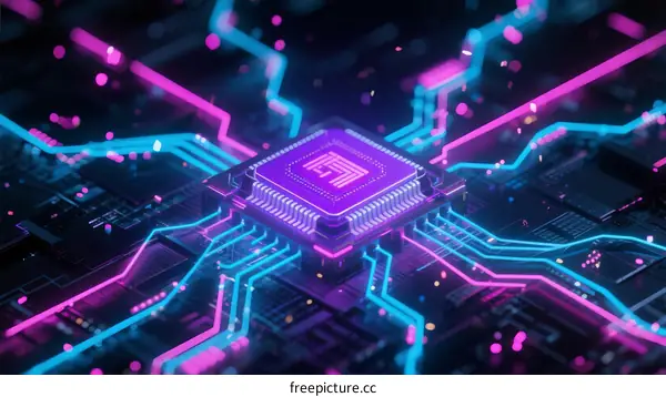 Abstract Circuit Board with Microchip and Colorful Neon Lines