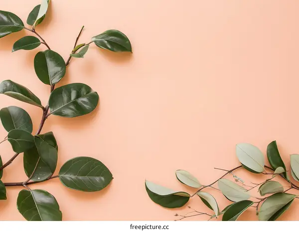 Green Leaves on Peach Background Minimalist Flatlay