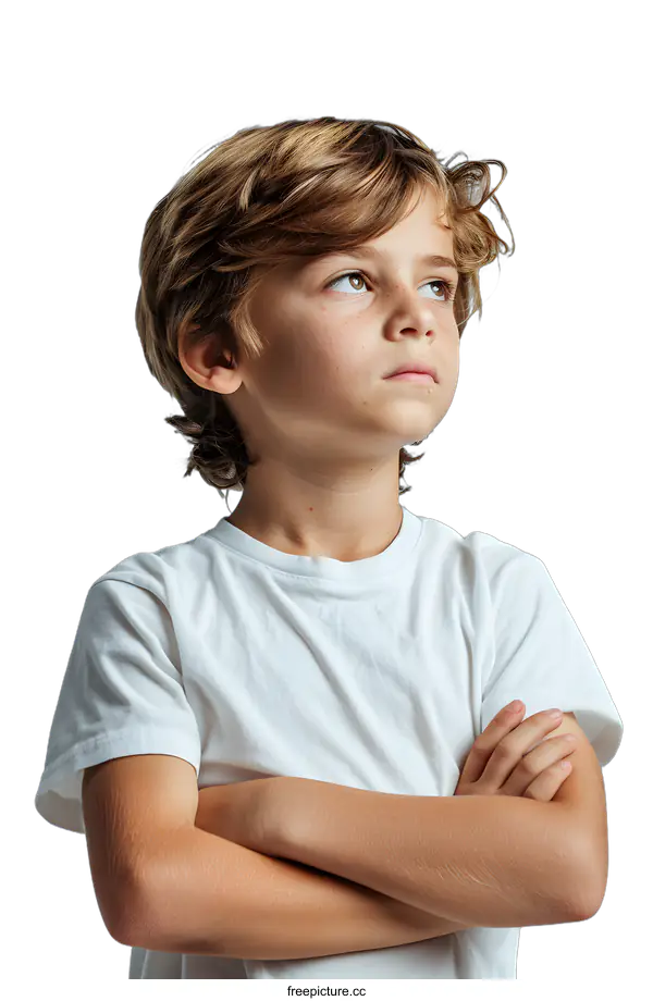 [Transparent Background PNG]Portrait of Young Caucasian Boy with Arms Crossed Looking Up