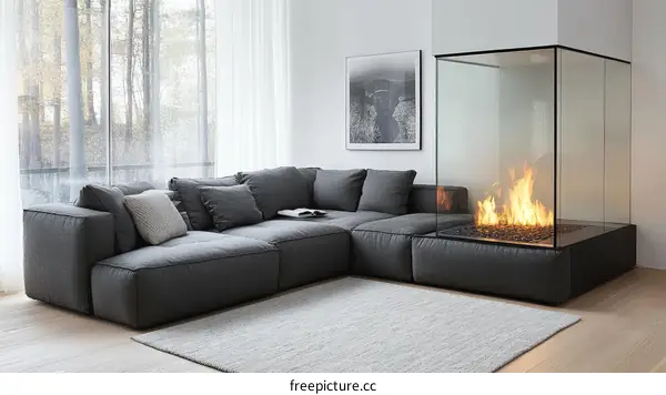 Modern Living Room with Corner Sectional Sofa and Glass Fireplace