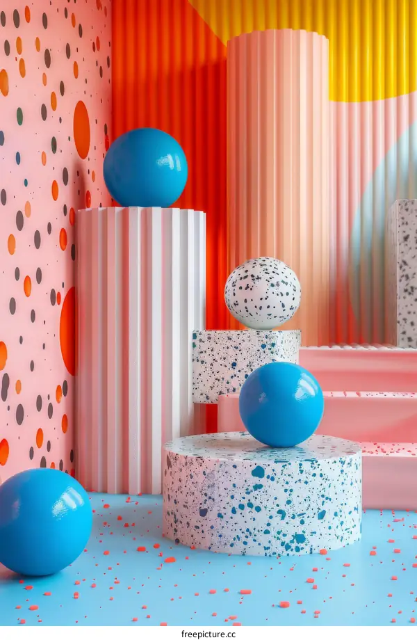 3D rendering of a vibrant room with balls and podiums