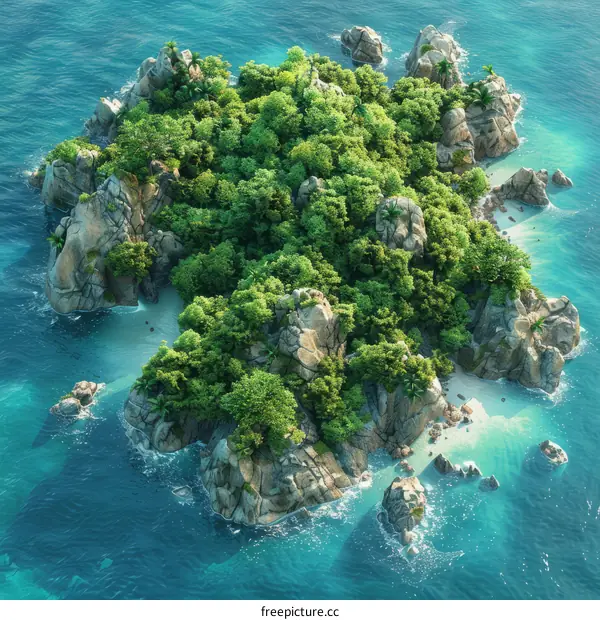 A Rocky Island With Green Vegetation In The Middle Of The Ocean