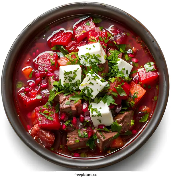 A bowl of soup with meat, vegetables, and cheese.