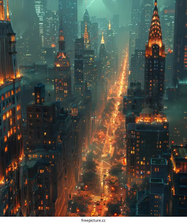 Night Cityscape Aerial View of Illuminated Streets