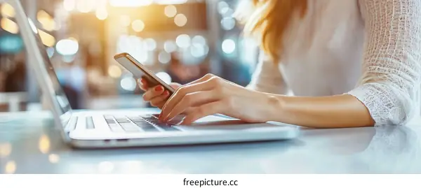 Woman Working on Laptop and Smartphone