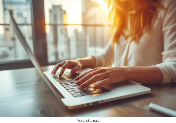 woman typing on laptop in office with cityscape in background