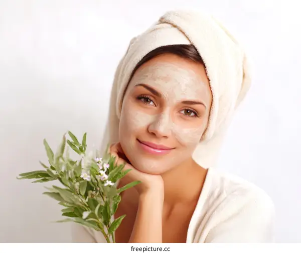 Beautiful Woman with Facial Mask and Flowers