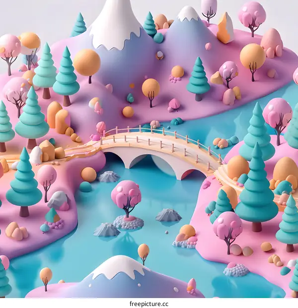 Cartoon 3D Illustration of a Fantasy Landscape with Mountains, Bridge, Trees, and a River