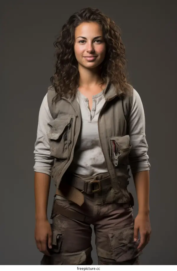 A young woman with curly hair wearing a vest and shorts