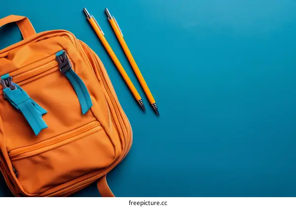 Orange backpack with blue and orange pencil on blue background