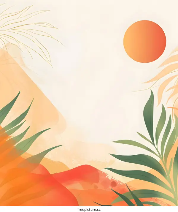 Abstract Minimalist Watercolor Painting With Palm Leaves and Sunset