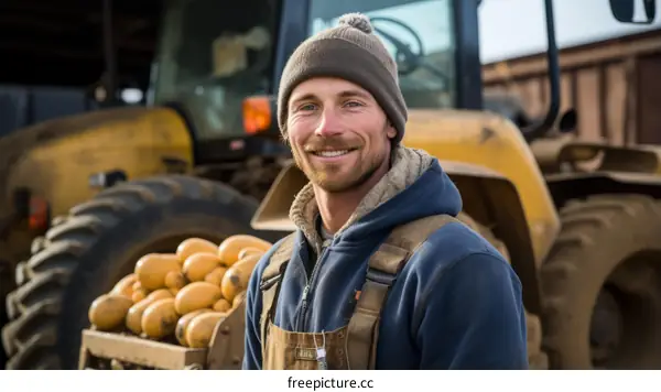 Young male farmer standing in front of a tractor on a farm