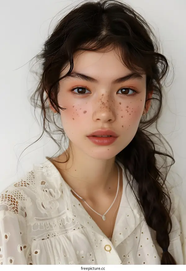 Portrait of a young woman with freckles and brown hair