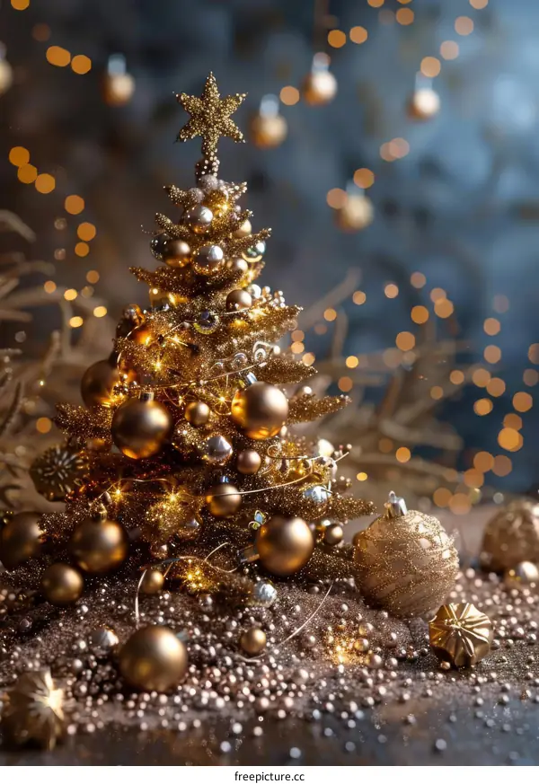 Golden Christmas Tree with Sparkling Ornaments
