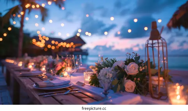 A beautiful beach wedding setup with a view of the ocean at sunset.