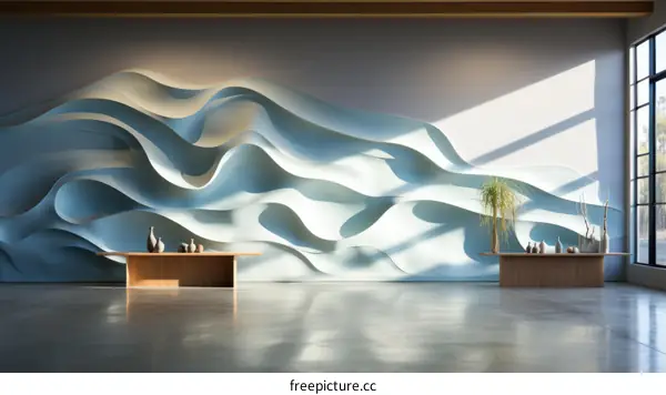 Blue Wavy Wall Sculpture with Plants and Wooden Tables