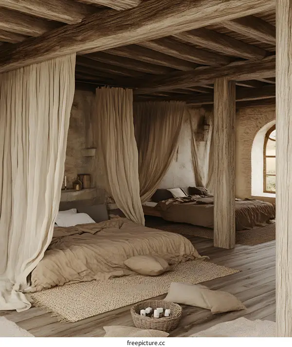 Cozy Rustic Bedroom Interior Design with Exposed Wooden Beams and Canopy Bed