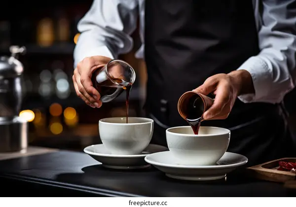 Barista pouring coffee from a pitcher into a cup