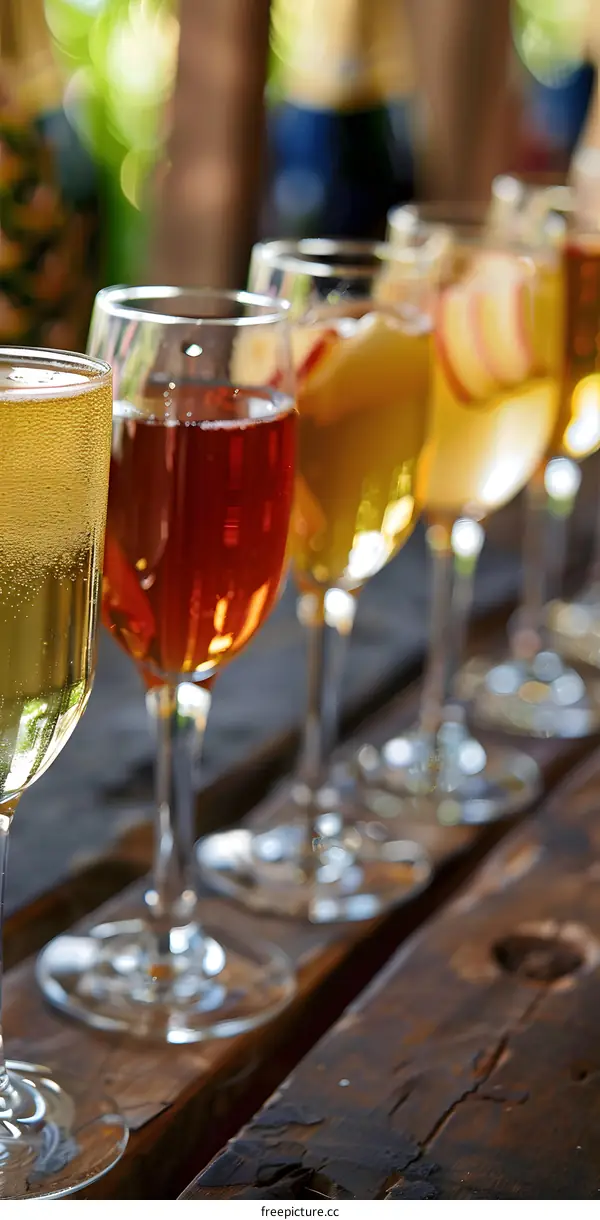Row of Wine Glasses on Wooden Table